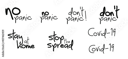 Slogan Sptop, No panic, don’t panic for stay at home and stop the spread. Novel coronavirus spreading ( Covid-19 2019-nCoV, Covid-2019 ) Lockdown, Corona virus quote. Social distancing. Vector Pandemi