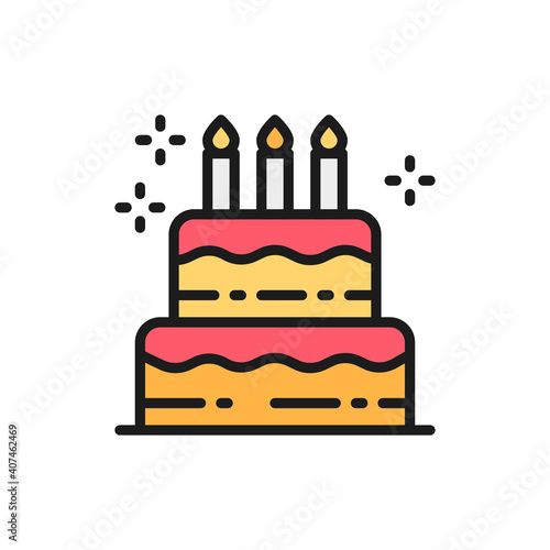 Birthday cake, holiday torte, sweet flat color line icon.
