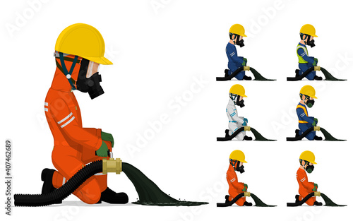 Set of worker is releasing some chemical on the floor