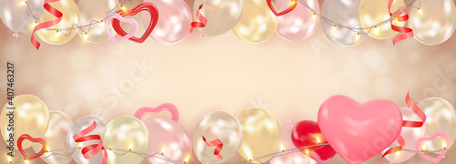 Valentines day background with hearts, balloons, shining garlands, tinsel. Romantic composition from balls with space for text. Template for birthday, wedding greeting card, poster, postcard, banner