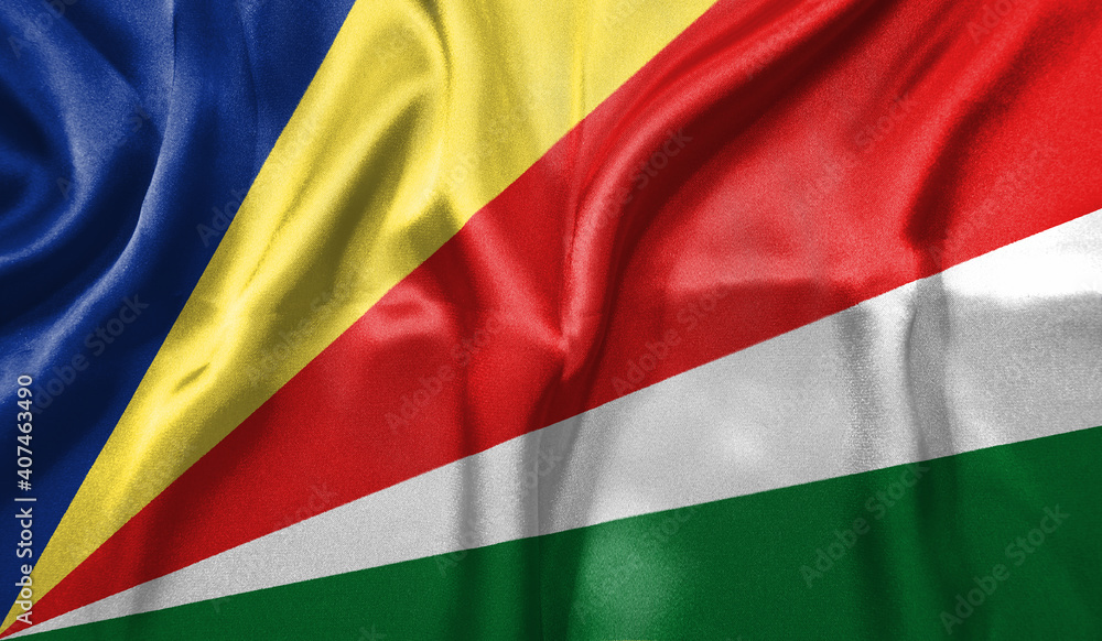 Seychelles flag wave close up. Full page Seychelles flying flag. Highly detailed realistic 3D rendering