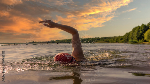Woman swimming in a lake at beautiful sunset