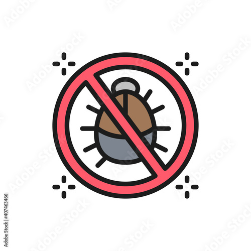 Forbidden sign with dust mites, anti allergic materials flat color line icon.