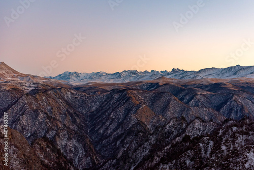 Mountain ranges at sunset in winter.