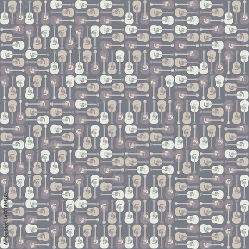Acoustic guitar seamless vector pattern background. Dense truchet geometric backdrop in neutral colors. Musical instruments repeat. Hand drawn icons. Textural all over print for music concept products
