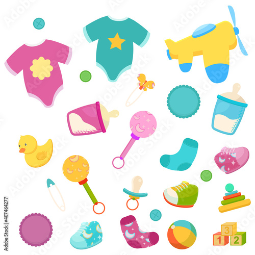 Vector illustration for baby shower and baby items.