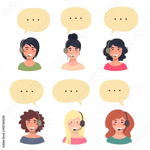 Set of avatars of cute happy young women, customer service phone operator. Portrait of smiling girls, call center workers with headset and speech bubbles. Vector illustration.