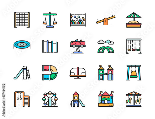 Set of Playground Color Line Icons. Climbing Rope Net, Double Seesaw and more.