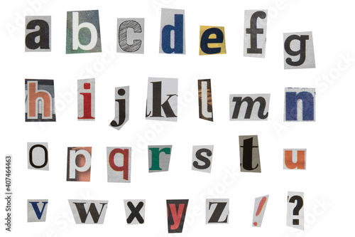 full alphabet of lowercase letters cut out from newspapers