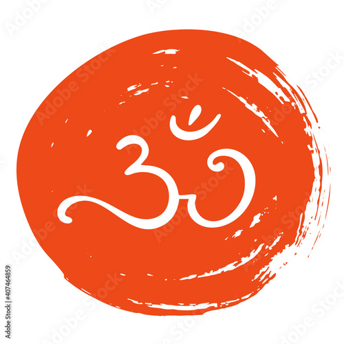 Om, Aum, primordial sound. Vector element. The original mantra. Spiritual symbol in Indian religion. Hand-drawn. Doodle, sketch, icon. Vector illustration for design, prints. On an orange background.