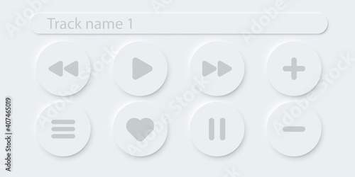 Online music player vector buttons. 3d modern design ui play stop button. Neomorphism graphic interface isolated button set. Video app click icons on white background. Playlist control signs.