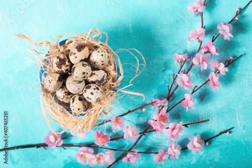 quail eggs inside nest in a easter background