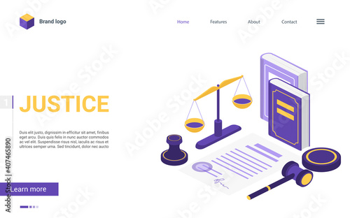 Isometric justice and law firm vector illustration. Cartoon 3d concept landing page with courtroom items, mallet hammer of judge lawyer, pen scale balance of justice, judgment books legal court symbol
