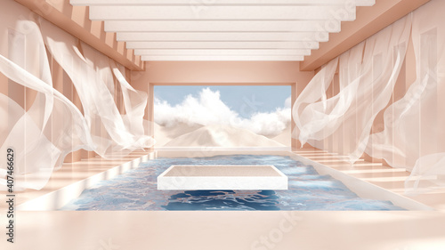 3d render abstract platform podium on water and waving curtains. Realistic pastel mock-up for products promotion. Abstract modern minimal background with emty podium.