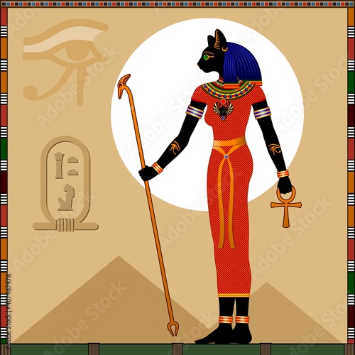 Religion of Ancient Egypt. 
Bastet (Bast) is a ancient Egyptian goddess of joy, fertility, feminine beauty, healing, and cats.
