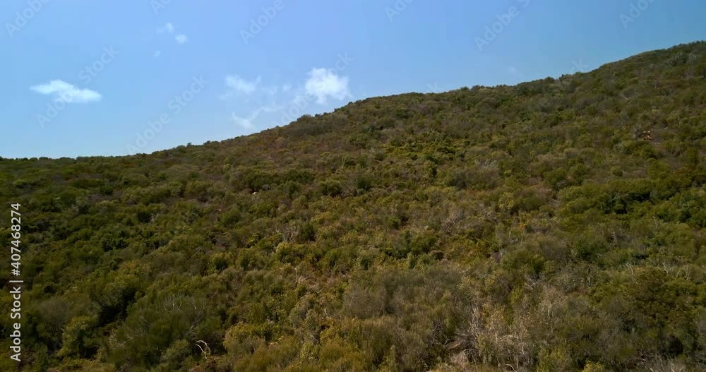 Drone Flying Above Green Mediterranean Mountain On A Beautiful Sunny Day In Sardinia, Italy - aerial drone shot Drone Flying Above Green Mediterranean Mountain On A Beautiful Sunny Day In Sardinia, Italy - aerial drone shot