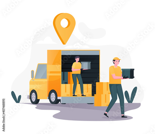 courier unload boxes on delivery trucks, online delivery service, fast delivery, cargo, parcel, package