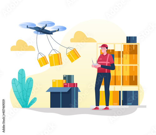 The courier delivers the package by drone to the customer address, modern technology delivery services