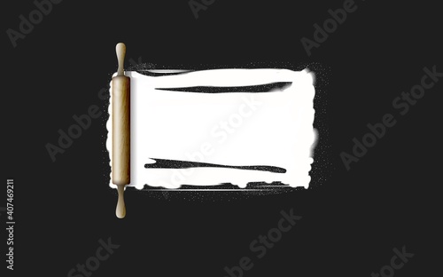 Wooden rolling pin and kneading dough with flour. Concept design for baking, pizza, cookie, biscuit, bread.