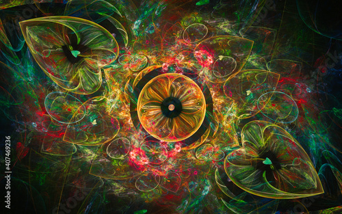 abstract illustration of a fabulous yellow flower in the center of the composition with many structured leaves of different colors scattered around