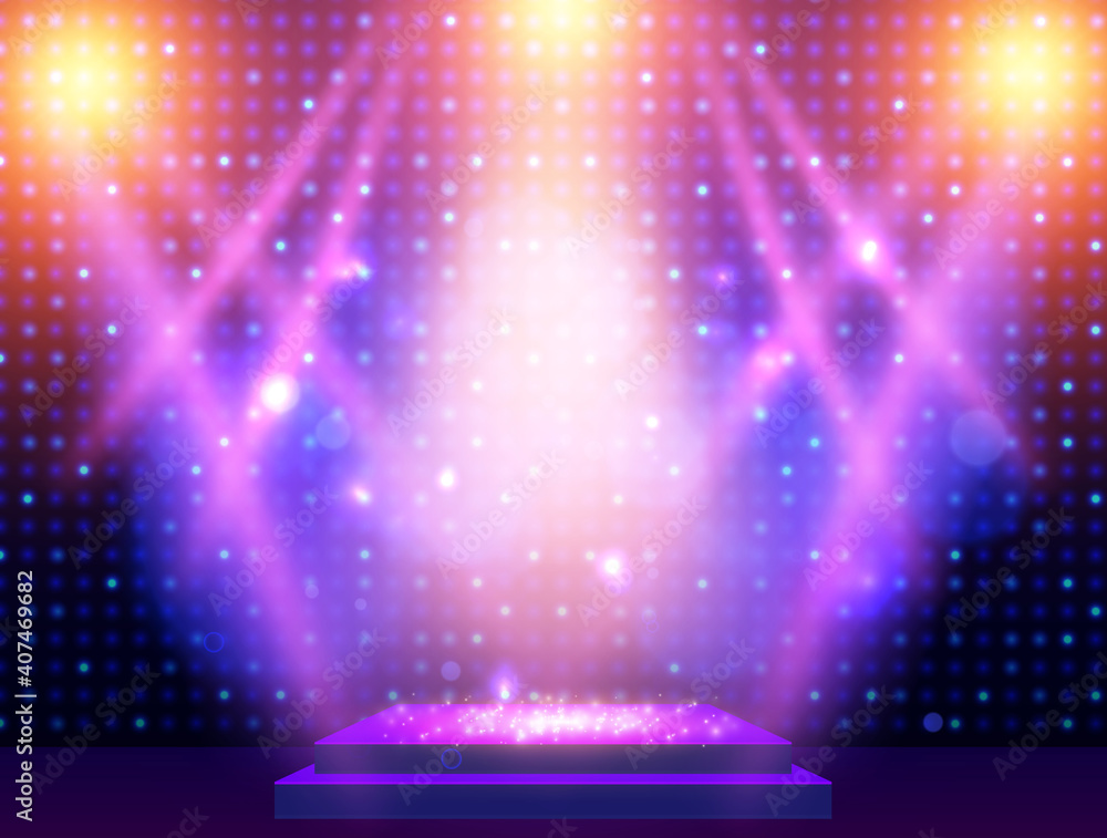 Background with podium and blue and yellow spotlights. Design for ...