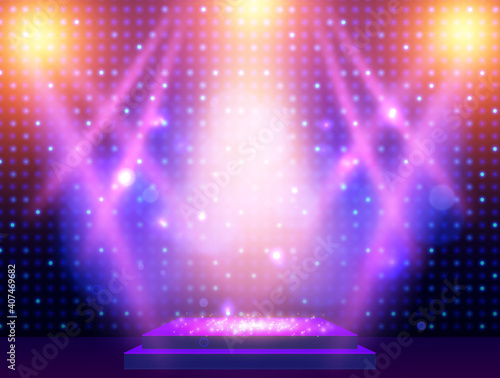 Background with podium and blue and yellow spotlights. Design for presentation, concert, show