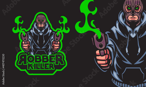 robber with guns sports logo mascot vector illustration