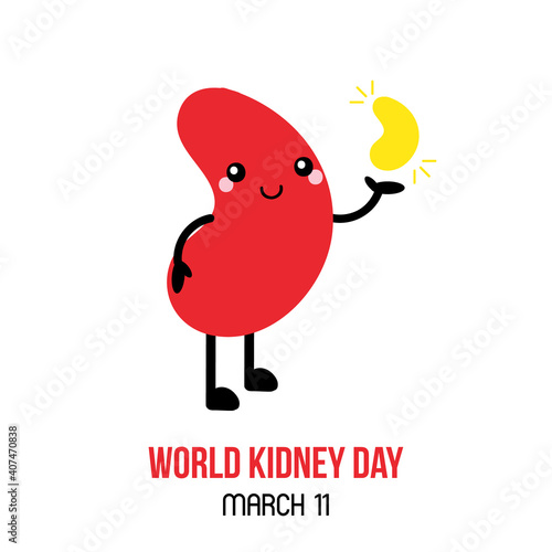 Cute cartoon style kidney character holding symbolical golden kidney. Donation and transplantation concept. World Kidney Day illustration.
