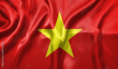 Vietnam flag wave close up. Full page Vietnam flying flag. Highly detailed realistic 3D rendering