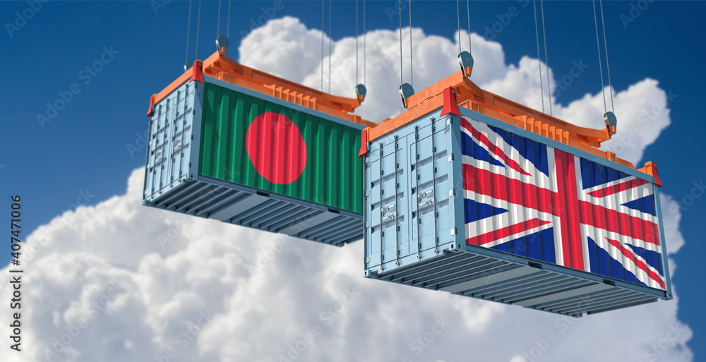 Freight containers with United Kingdom and Bangladesh flag. 3D Rendering 
