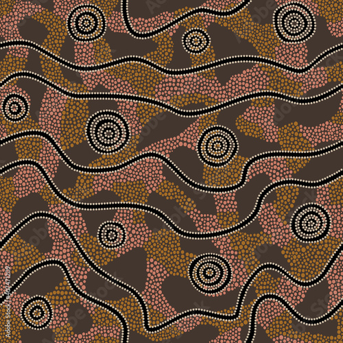 Seamless vector pattern including ethnic Australian motive with dotted different elements on brown background