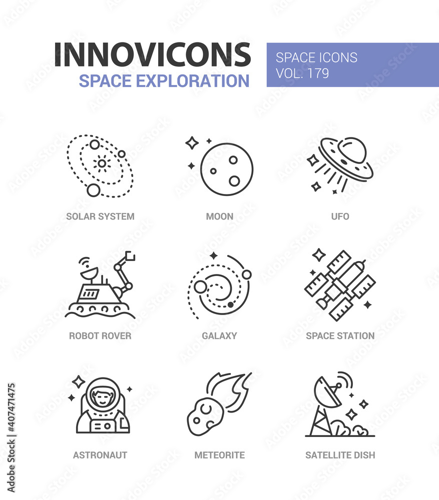 Space exploration - line design style icons set