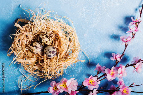 quail eggs inside nest in a easter background