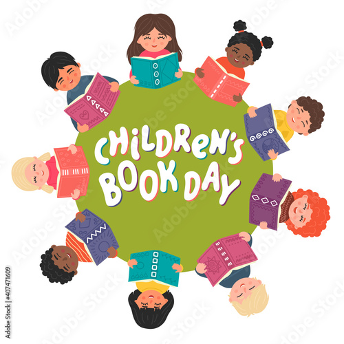 Children's Book Day. Cute childrens read books. Education, library, studying, school hand drawn vector illustration with lettering.
