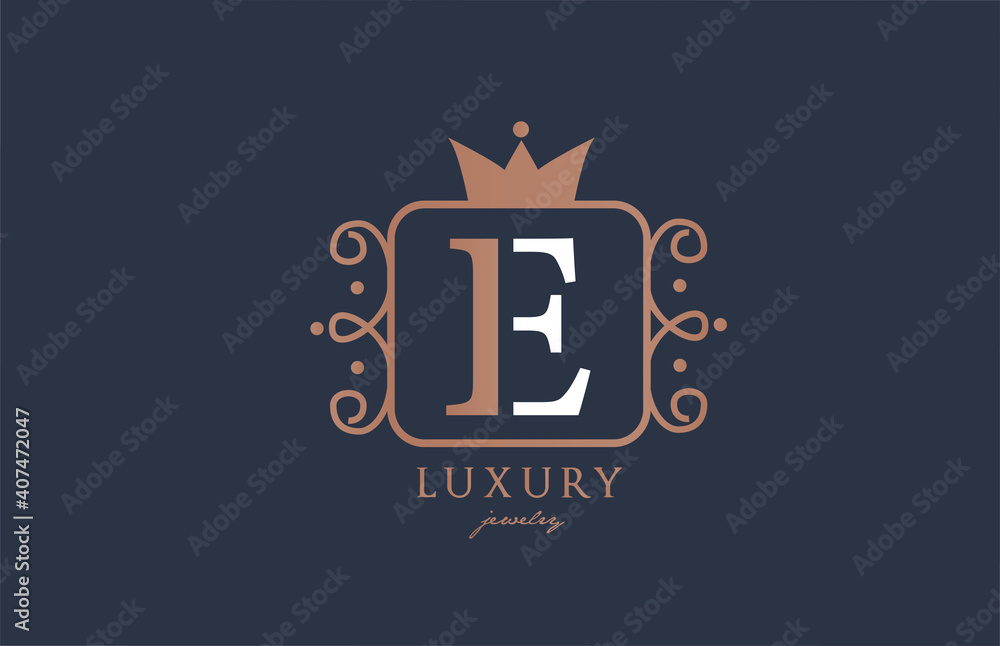 E monogram alphabet letter logo icon in white and blue color. Creative design with king crown for luxury business and company E monogram alphabet letter logo icon in white and blue color. Creative design with king crown for luxury business and company