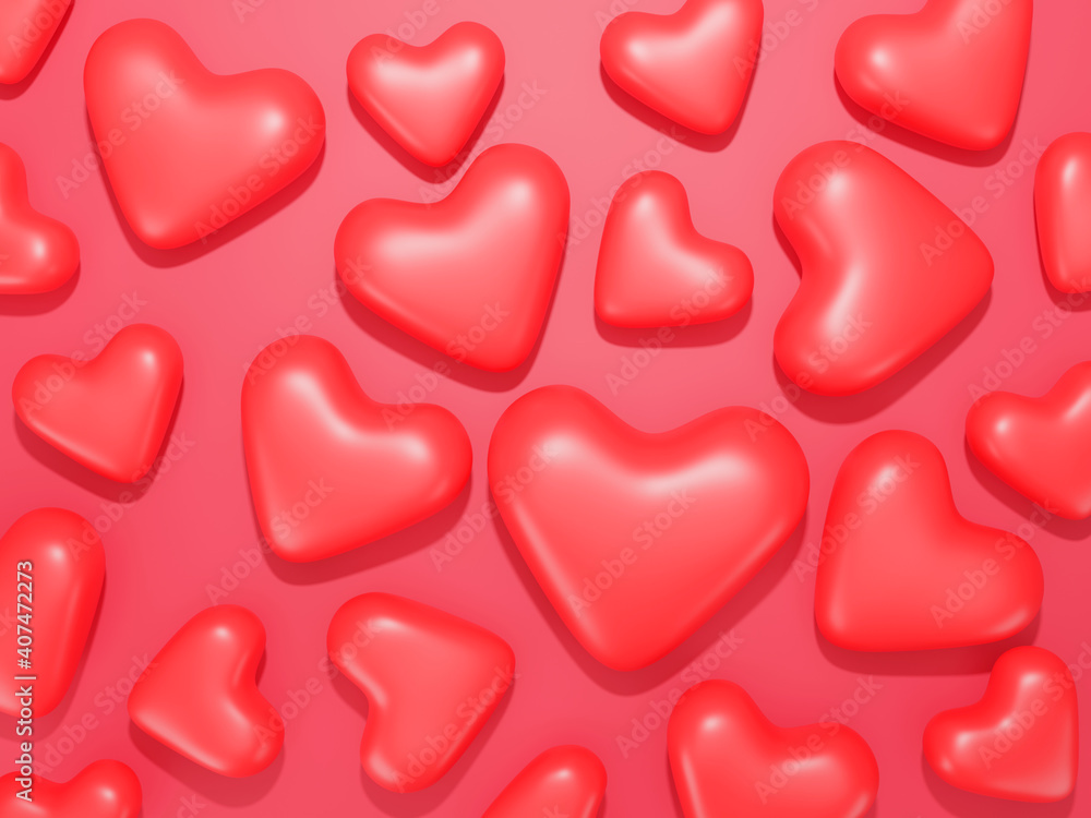  Red hearts with a soft red color background in different angles. Concept Idea.3d rendering illustration.