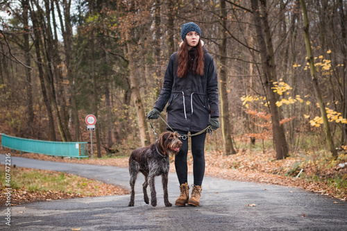 serious natural girl with brown hair with her dog Bohemian Wire-haired Pointing Griffon breed is walking through nature. Candid portrait of young woman with man's best friend. Binary portrait nature © Fauren