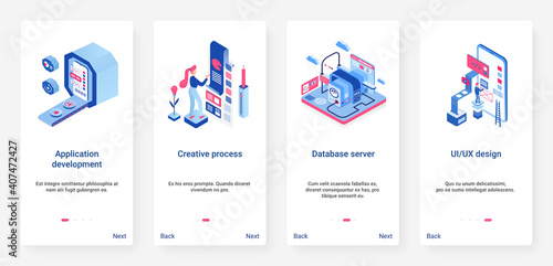 Application creative development vector illustration. UX, UI onboarding mobile app page screen set with cartoon 3d designer people programming, creating website design, working with database server