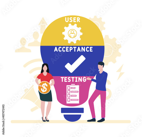 Flat design with people. UAT - User Acceptance Testing  acronym, business concept background.   Vector illustration for website banner, marketing materials, business presentation, online advertising.