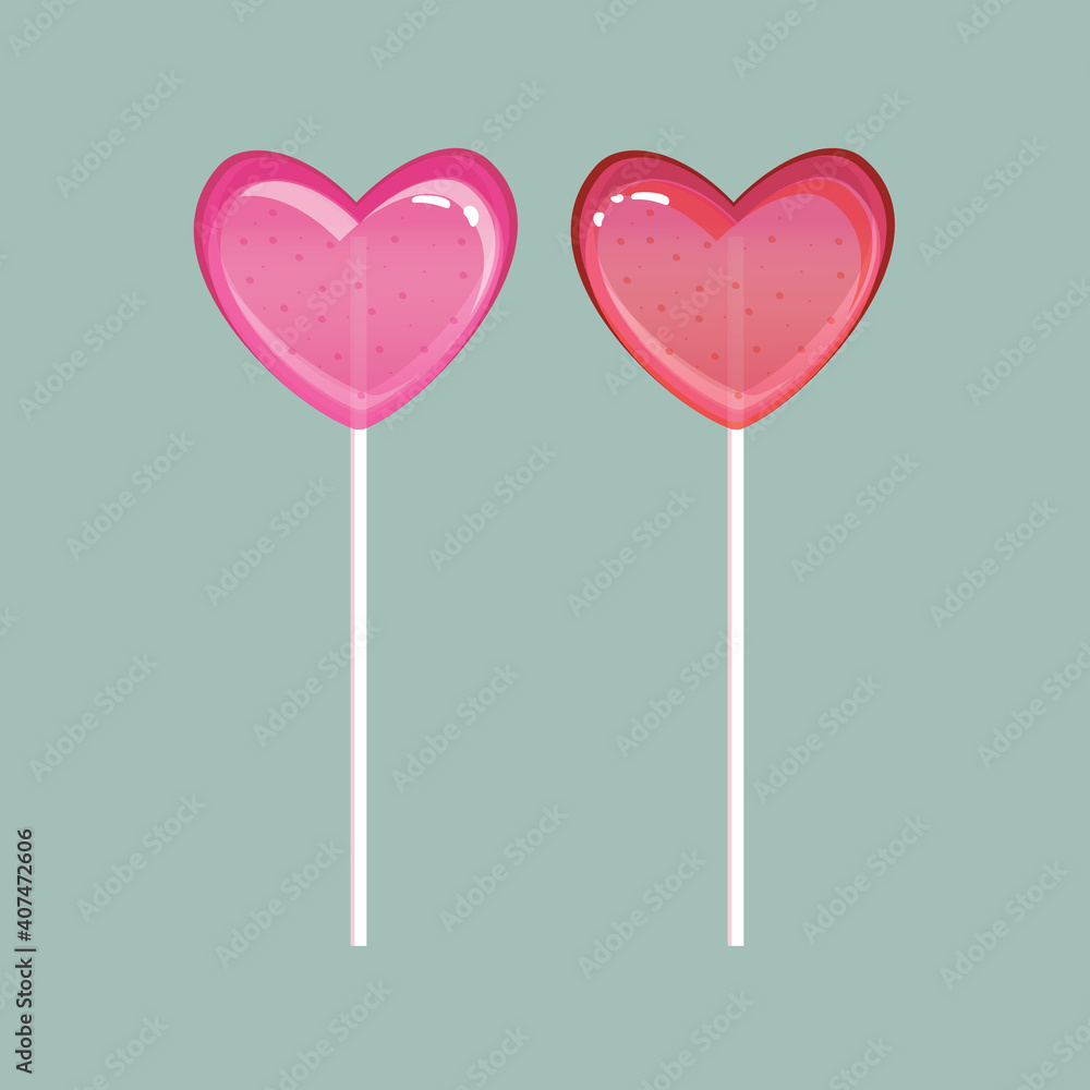 lollipops in the form of hearts in pink and red close-up. Vector sweets, candy isolated on a pastel background
