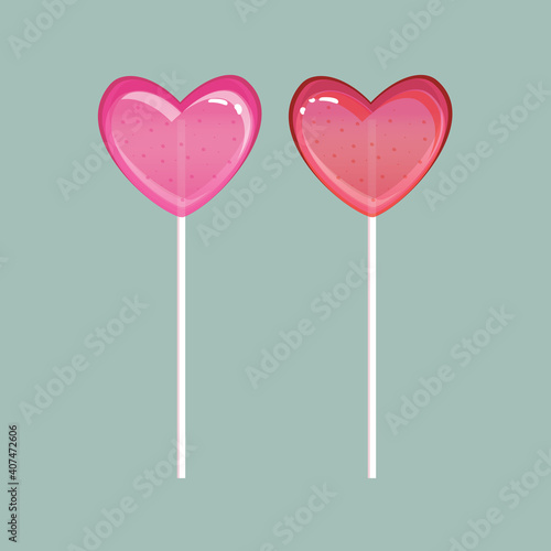 lollipops in the form of hearts in pink and red close-up. Vector sweets, candy isolated on a pastel background