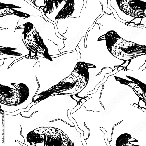 Wallpaper Mural Ravens, crowns on the branches. Vector illustration. Hand drawing. Torontodigital.ca