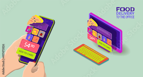 The interface of the web site for ordering pizza on the screen of the office computer and mobile phone