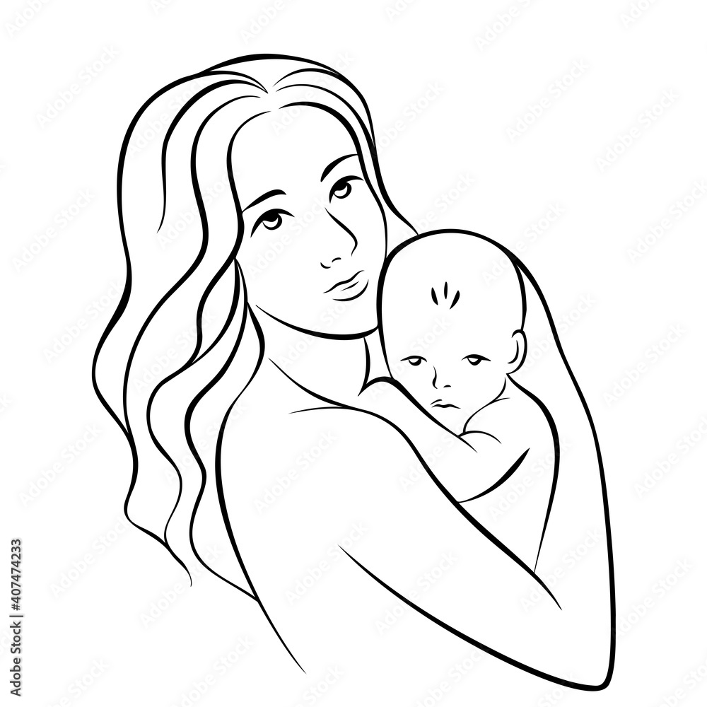Mother holding baby, illustration of happy motherhood, childbirth. Black outline, simple lines, clip-art.