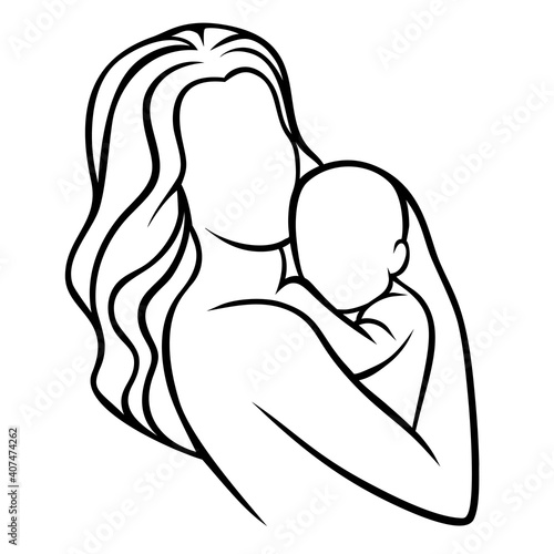 Mother holding baby, illustration of happy motherhood, childbirth. Black outline, simple lines, logo.