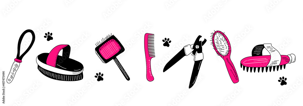 Grooming tools for dog s fur and nails care.Vector set in doodle style. Glamour vet equipment.Clipping combing and washing. Online pet shop.Goods for domestic animal.Salon at home.Pink and black Stock...