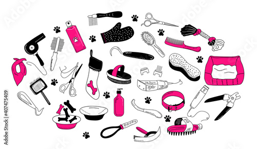 Grooming tools for dog`s fur and nails care.Vector set in doodle style.Outline vet equipment.Online pet shop or store.Ordering goods for domestic animal from flat.Salon at home.Glamour.Pink and black.