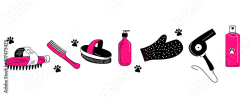 Grooming tools for dog`s fur and nails care.Vector set in doodle style.Glamour vet equipment.Combing and washing. Online pet shop.Goods for domestic animal.Beauty salon at home.Pink and black