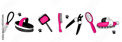 Grooming tools for dog`s fur and nails care.Vector set in doodle style.Glamour vet equipment.Clipping,combing and washing. Online pet shop.Goods for domestic animal.Salon at home.Pink and black