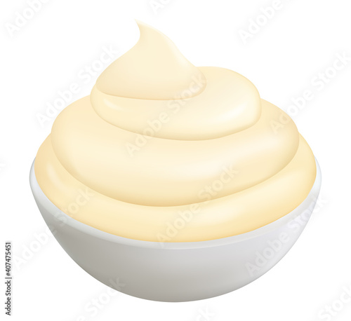 Realistic 3d mayonnaise in small round bowl. Creamy sauce isolated on white background, side view.Condiment in ramekin vector illustration.